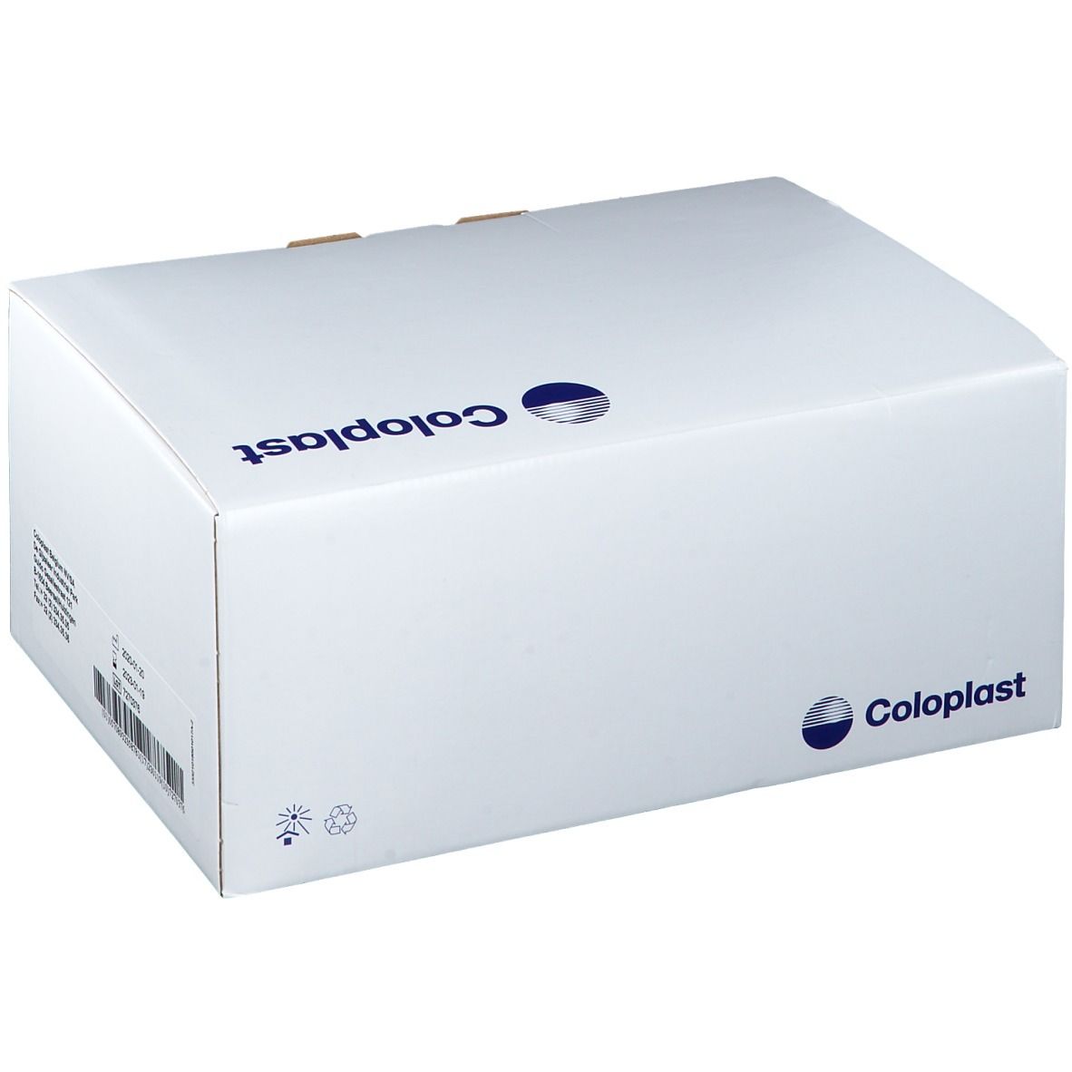 Boîte blanche avec logo Coloplast. Informations produit sur le côté. Forme carrée.