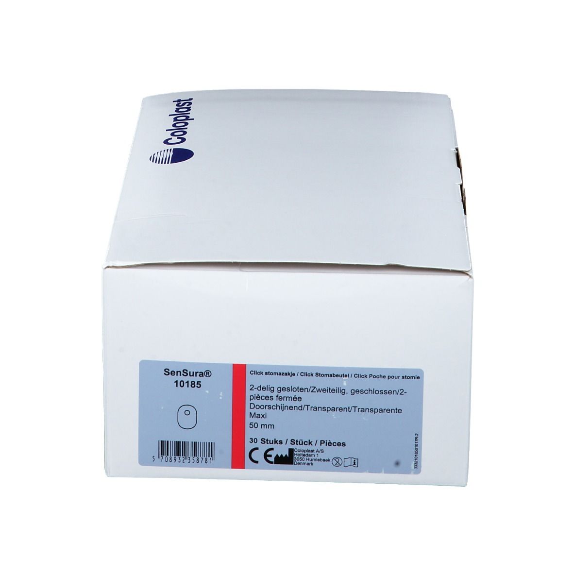 Boîte blanche avec informations produit. Inscription: SenSura, 50 mm Maxi, 30 pièces. Logo Coloplast.