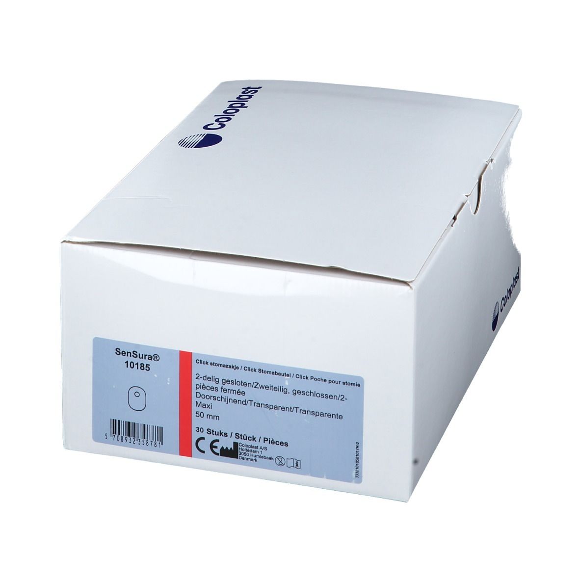 Boîte blanche avec informations produit. Inscription: SenSura, 50 mm Maxi, 30 pièces. Logo Coloplast.
