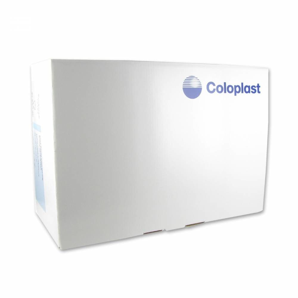 Boîte blanche avec logo Coloplast. Vue en perspective.