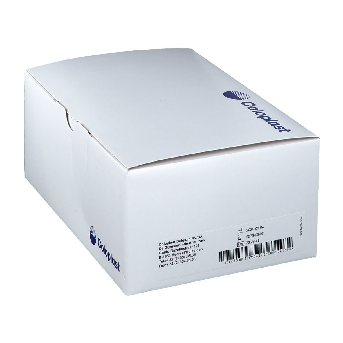 Boîte de produit blanche avec logo Coloplast. Informations produit, code-barres et coordonnées imprimés.