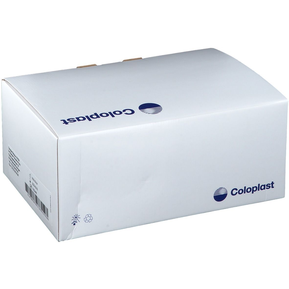 Boîte de produit blanche avec logo Coloplast. Informations produit et code-barres imprimés sur l'emballage.