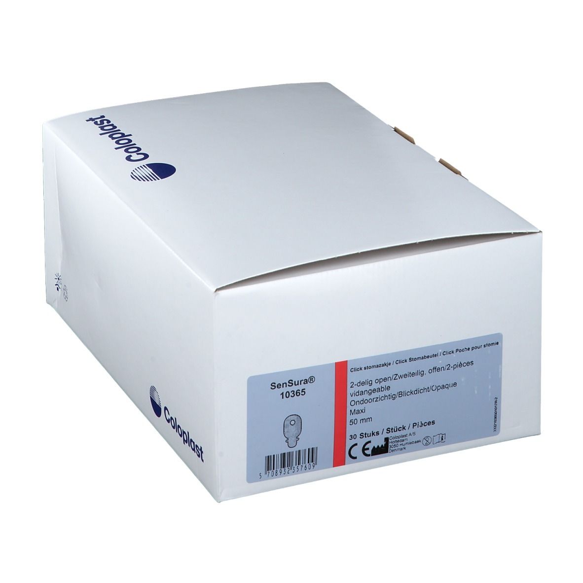 Boîte blanche avec logo Coloplast et nom SenSura. Informations produit et code-barres.