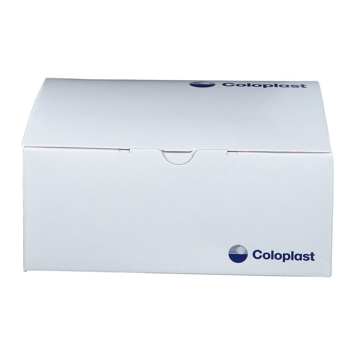 Boîte de produit blanche avec logo Coloplast. Aucune autre information visible sur l'emballage.