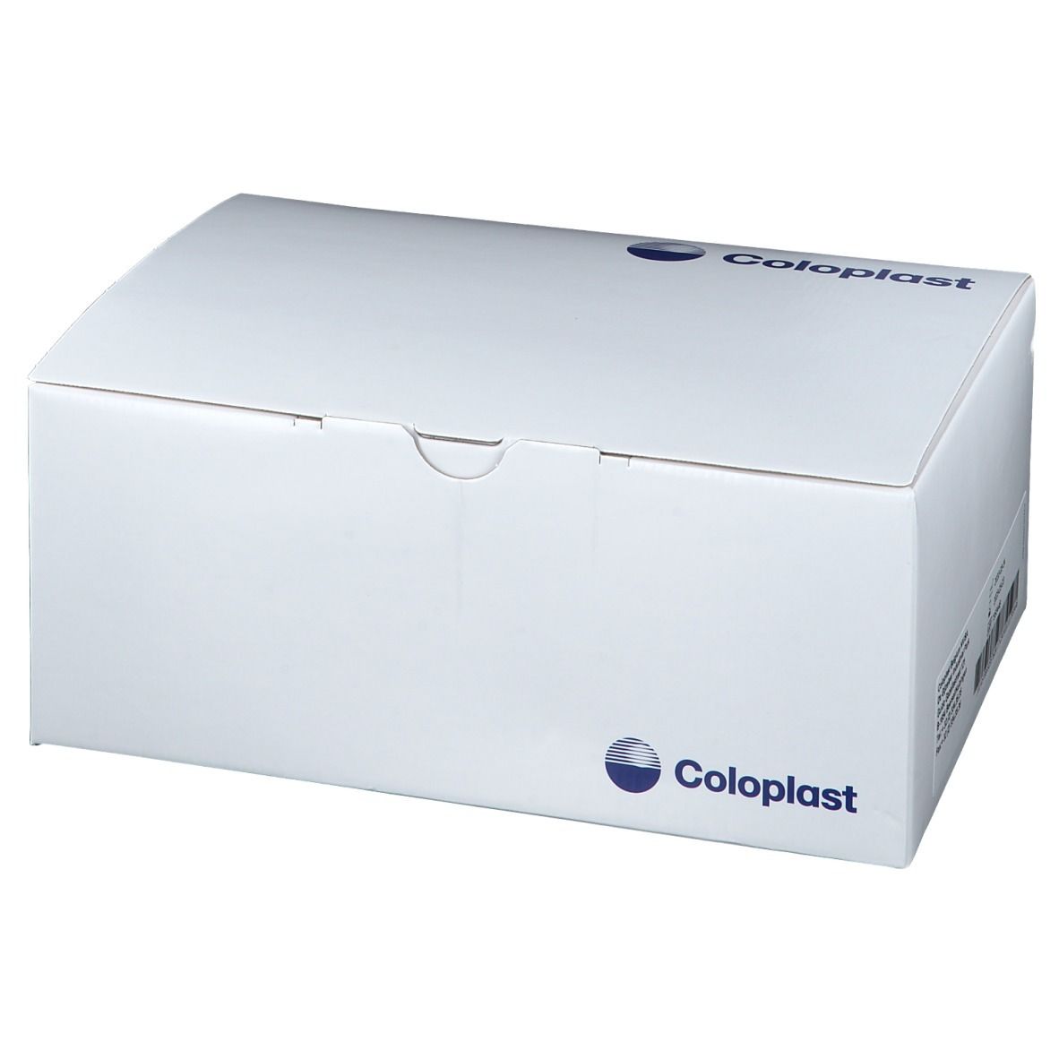 Boîte de produit blanche avec logo Coloplast. Aucune autre information visible sur l'emballage.