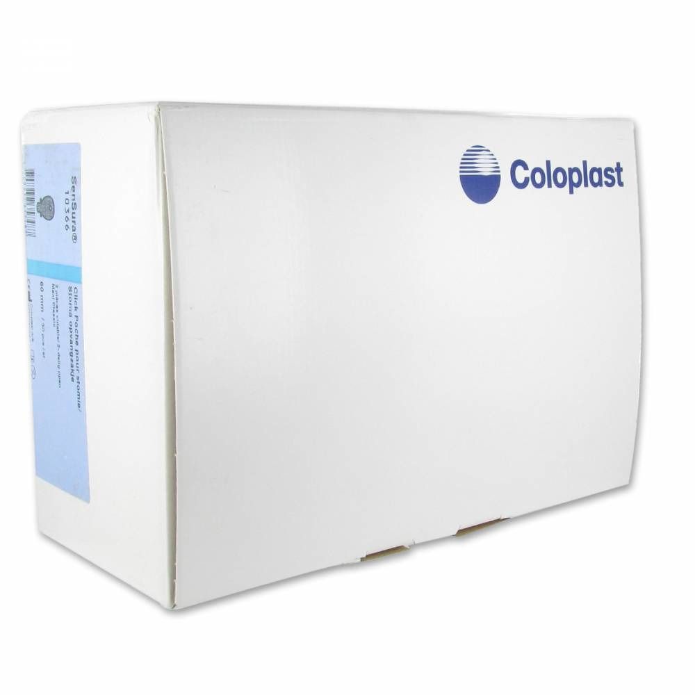 Boîte blanche avec logo Coloplast. Étiquette d'informations produit. Vue en coin.
