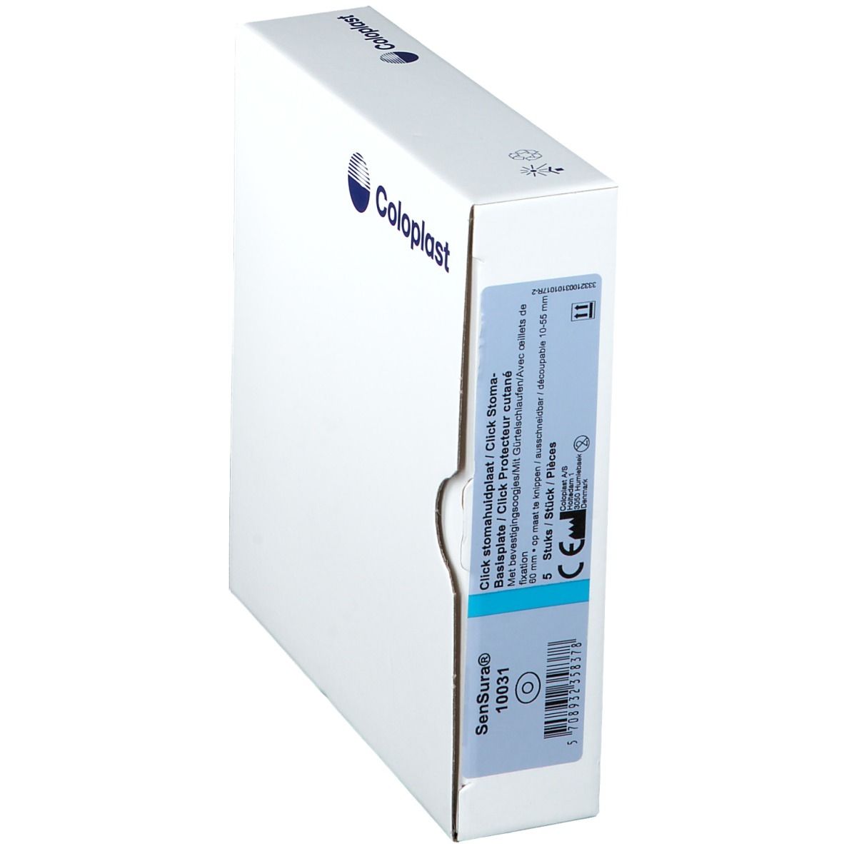 Witte verpakking met blauw Coloplast-logo en productinformatie. SenSura, Click Stoma, 10031.