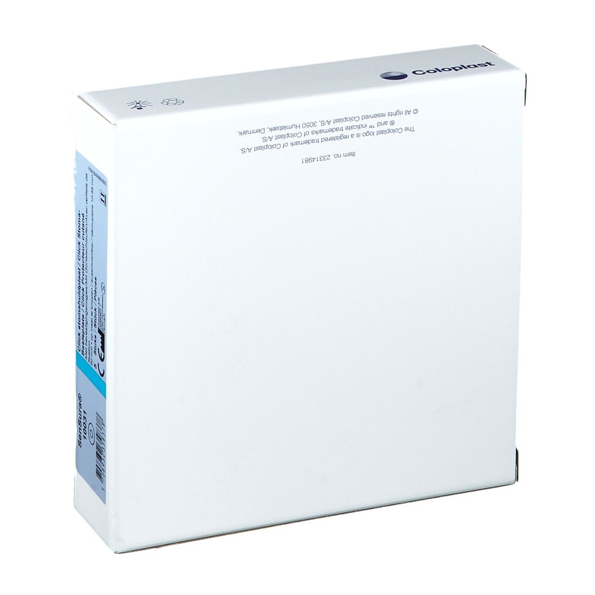 Witte verpakking met blauw Coloplast-logo en tekst. Achterkant met productinformatie en fabrikantenadres.