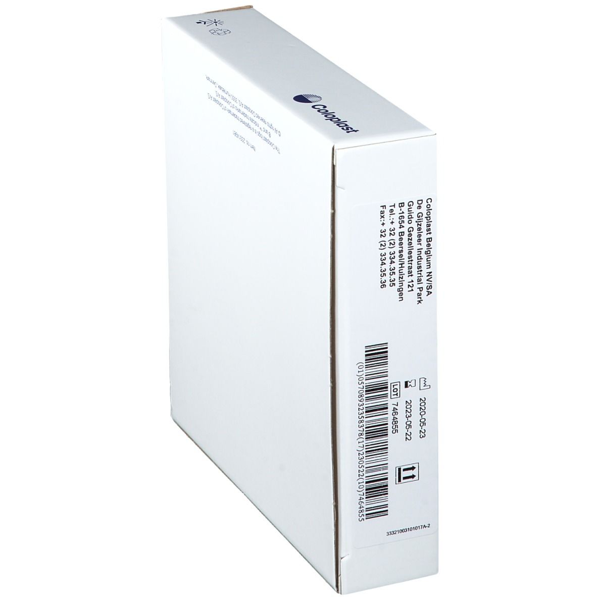 Witte verpakking met blauw Coloplast-logo. Streepjescode, vervaldatum en batchnummer op de zijkant.