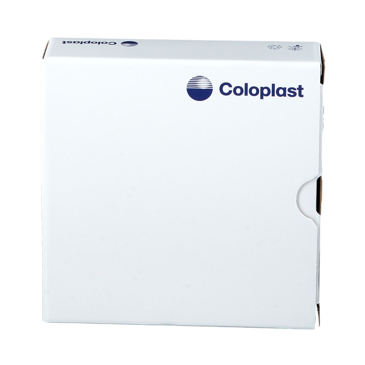 Witte verpakking met blauw Coloplast-logo. Een klein symbool is zichtbaar aan de bovenkant.