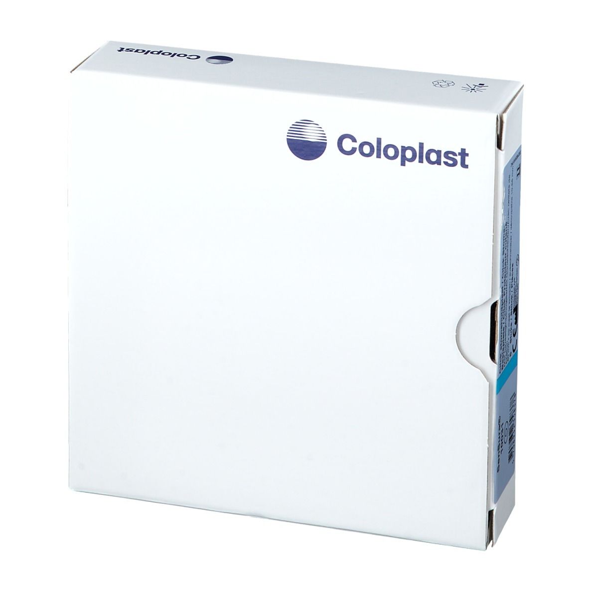 Witte verpakking met blauw Coloplast-logo. Een klein symbool is zichtbaar aan de bovenkant.