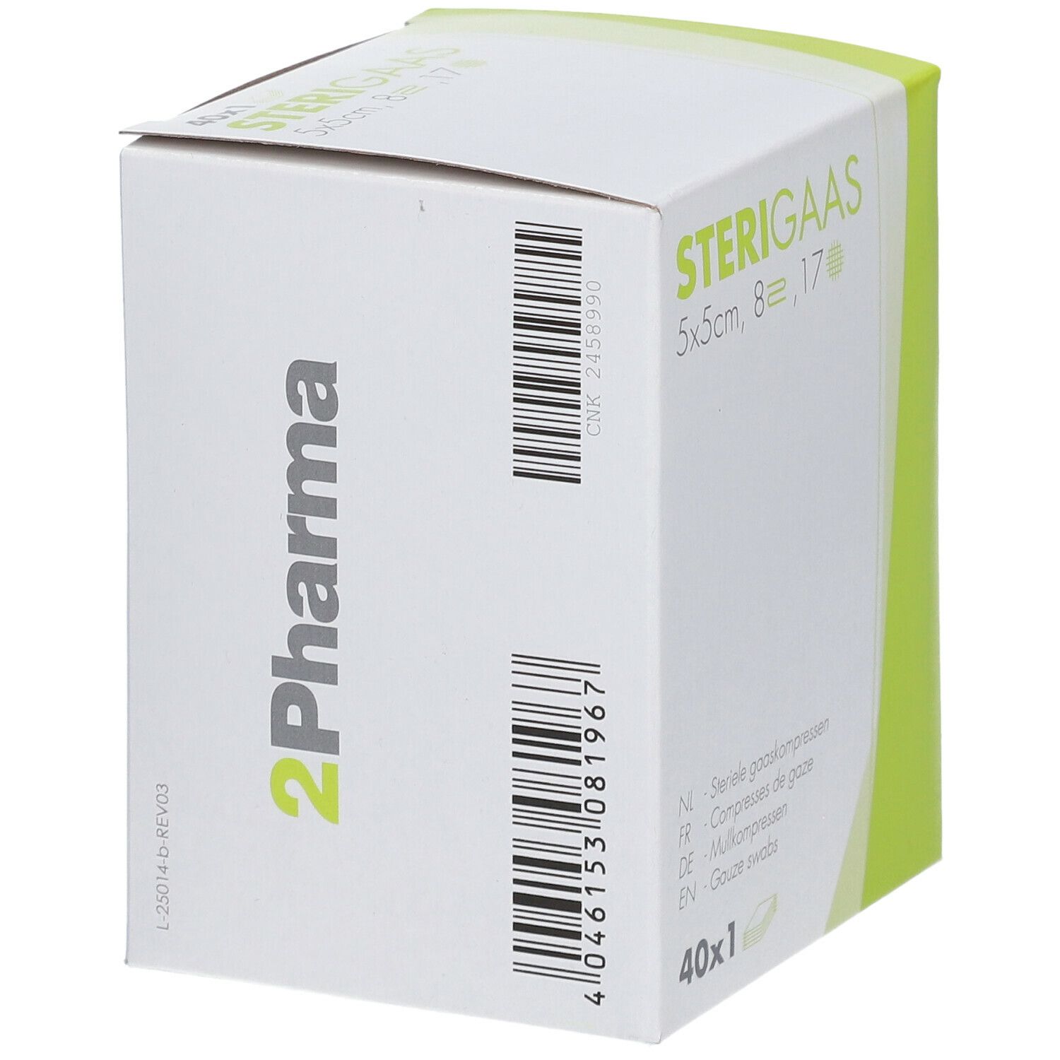 Boîte de compresses de gaze STERIGAAS, 5x5cm, 8, 17. Contient 40 unités. Code-barres et logo 2Pharma.