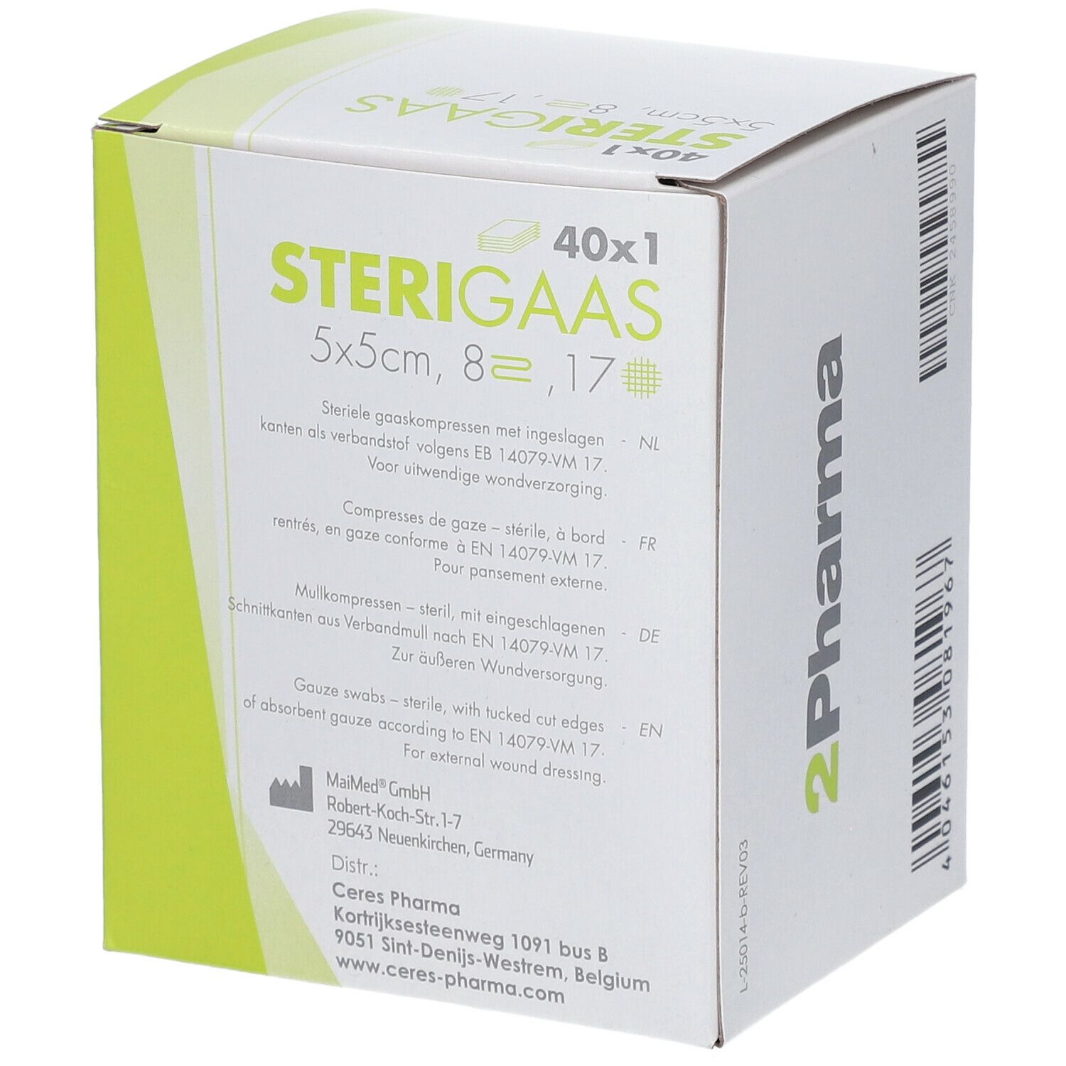 Boîte de compresses de gaze STERIGAAS, 5x5cm, 8, 17. Contient 40 unités. Texte multilingue. Logo 2Pharma.