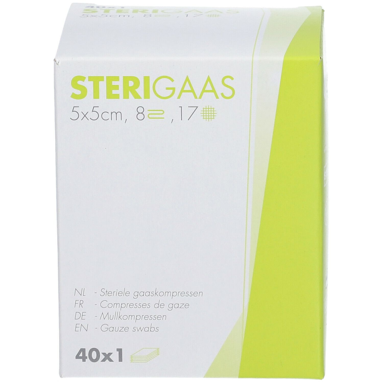 Boîte de compresses de gaze STERIGAAS, 5x5cm, 8, 17. Contient 40 unités. Texte multilingue.