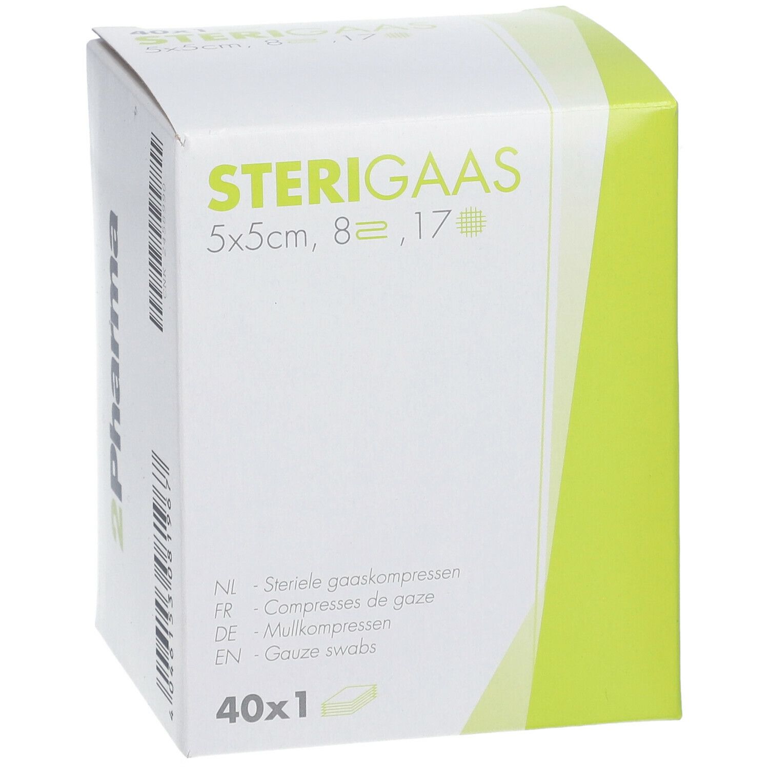 Boîte de compresses de gaze STERIGAAS, 5x5cm, 8, 17. Contient 40 unités. Logo 2Pharma.