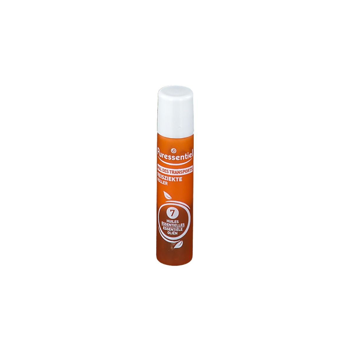 Zylindrische Flasche mit weißem Deckel. Orangefarbener Hintergrund mit Produktinformationen und Logo.