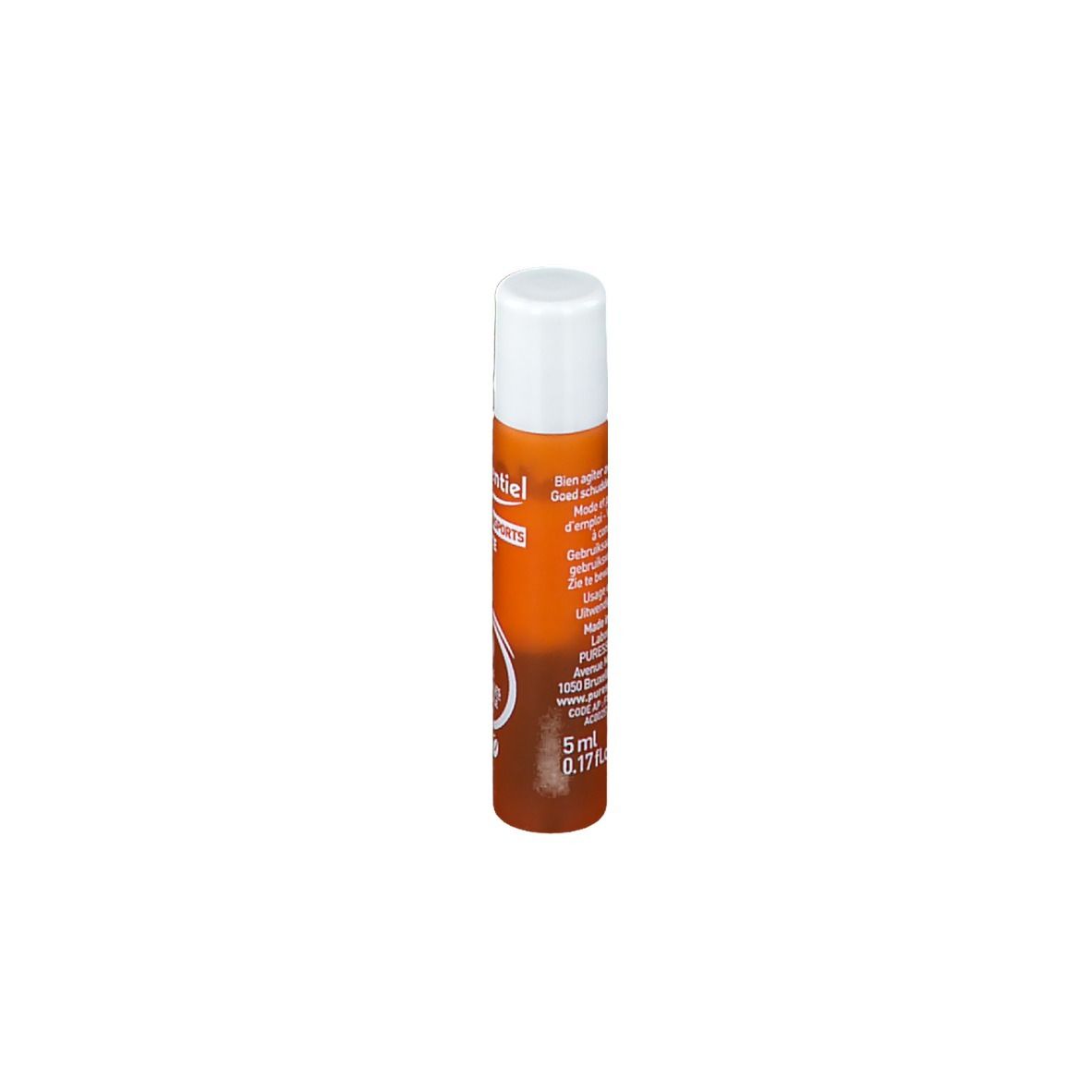 Zylindrische Flasche mit weißem Deckel. Orangefarbener Hintergrund mit Produktinformationen und Logo.