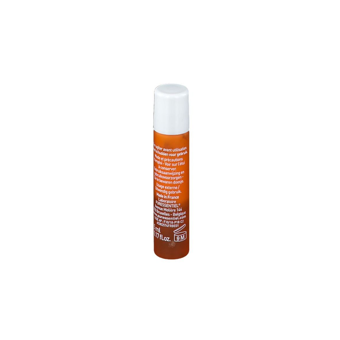 Zylindrische Flasche mit weißem Deckel. Orangefarbener Hintergrund mit Produktinformationen und Logo.