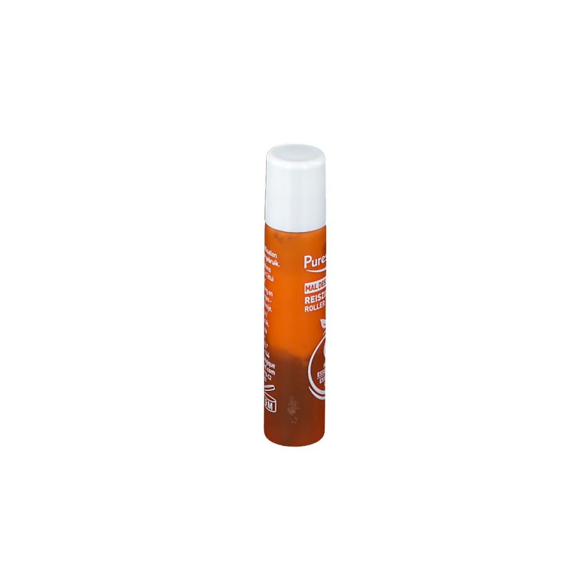 Zylindrische Flasche mit weißem Deckel. Orangefarbener Hintergrund mit Produktinformationen und Logo.