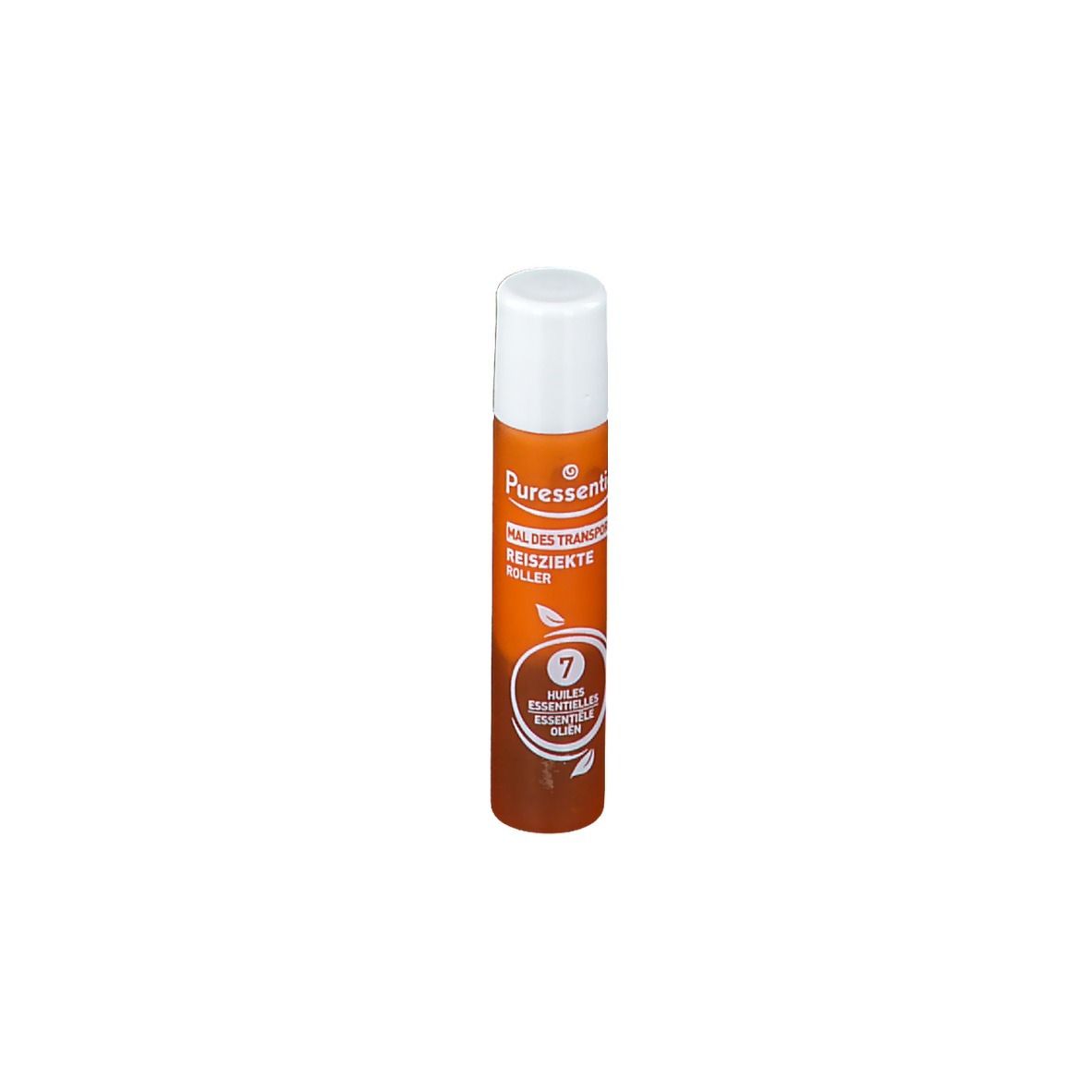 Zylindrische Flasche mit weißem Deckel. Orangefarbener Hintergrund mit Produktinformationen und Logo.