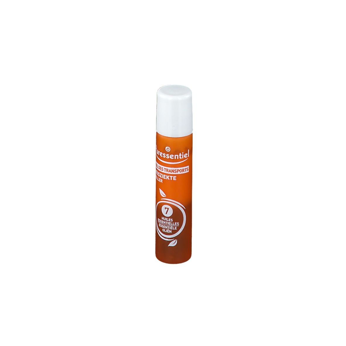 Zylindrische Flasche mit weißem Deckel. Orangefarbener Hintergrund mit Produktinformationen und Logo.