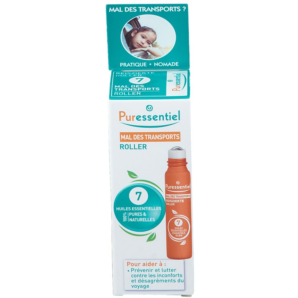 Produktverpackung mit Flasche und Box. Box mit Produktbild und Text. Flasche mit weißem Deckel.