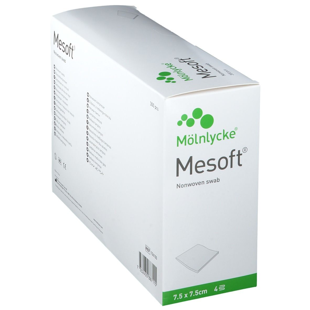 Schräg gestellte weiße Verpackung mit grünem Akzent. Aufschrift: Mesoft, Nonwoven swab, 7,5 x 7,5 cm. Marke: Mölnlycke.