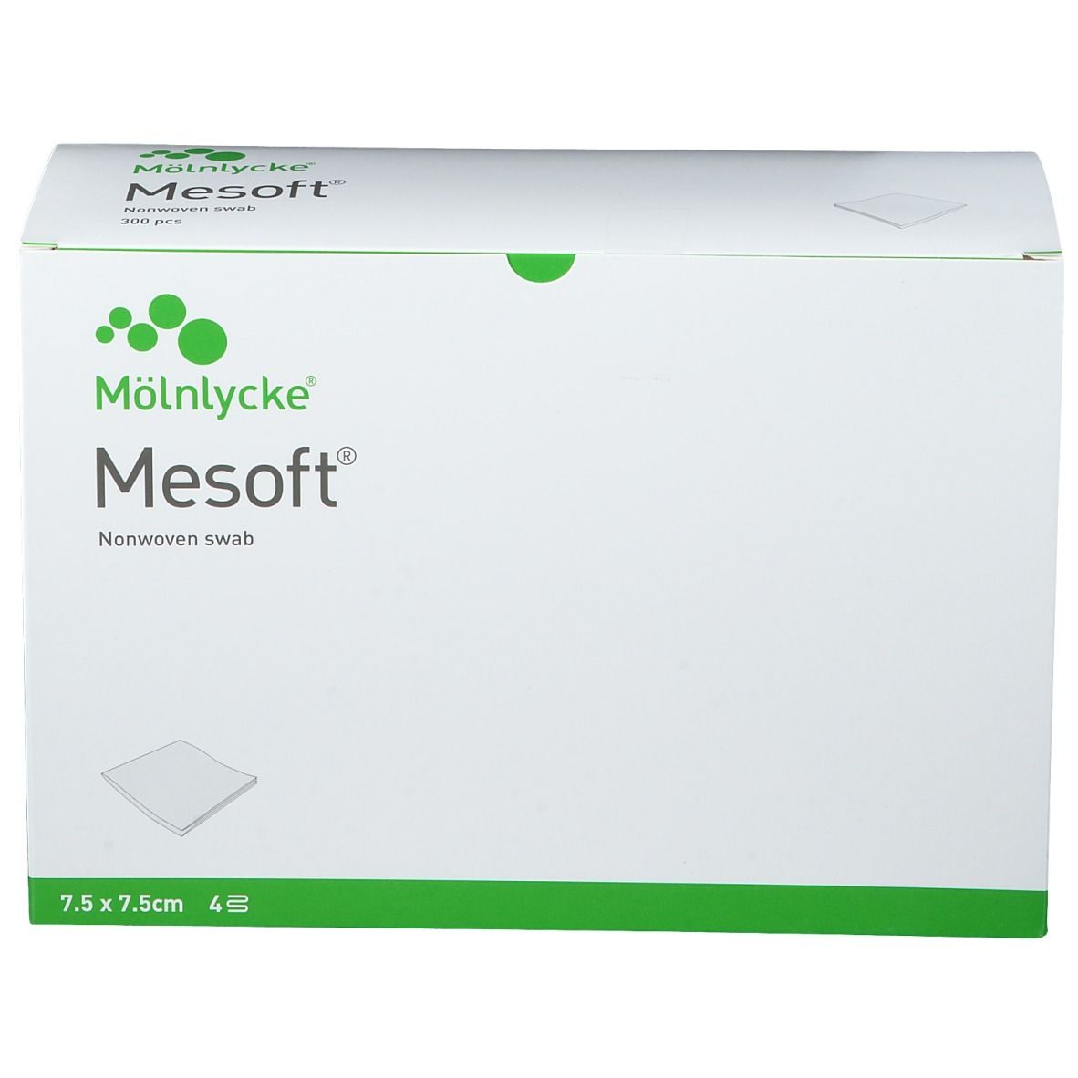 Weiße Verpackung mit grünem Akzent. Aufschrift: Mesoft, Nonwoven swab, 7,5 x 7,5 cm. Marke: Mölnlycke.