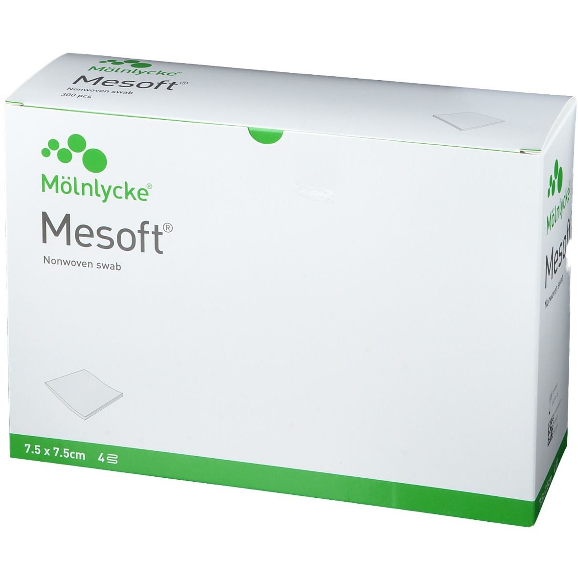 Weiße Verpackung mit grünem Akzent. Aufschrift: Mesoft, Nonwoven swab, 7,5 x 7,5 cm. Marke: Mölnlycke.