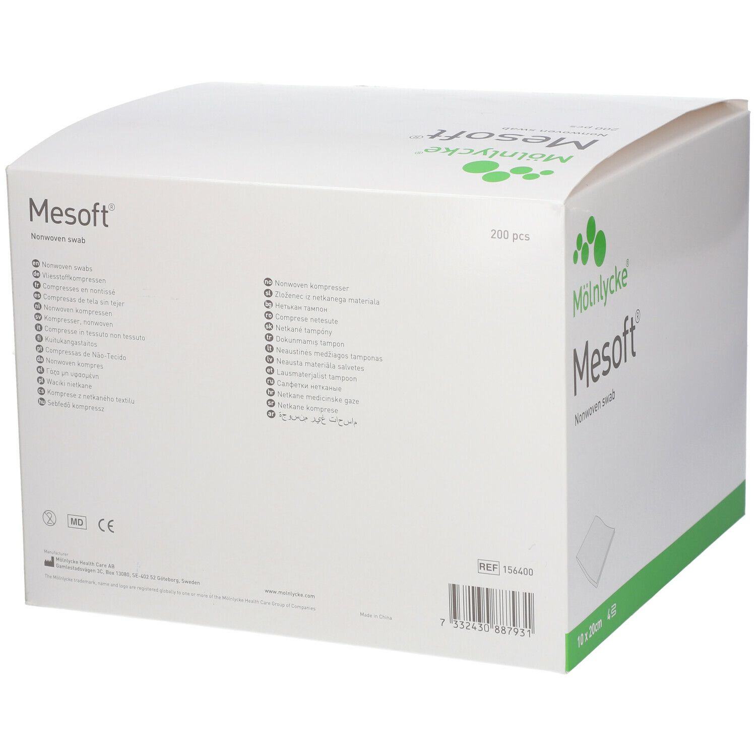 Weiße Verpackung mit grünem Akzent. Aufschrift: Mesoft. Rückseite mit Texten in verschiedenen Sprachen. Marke: Mölnlycke.