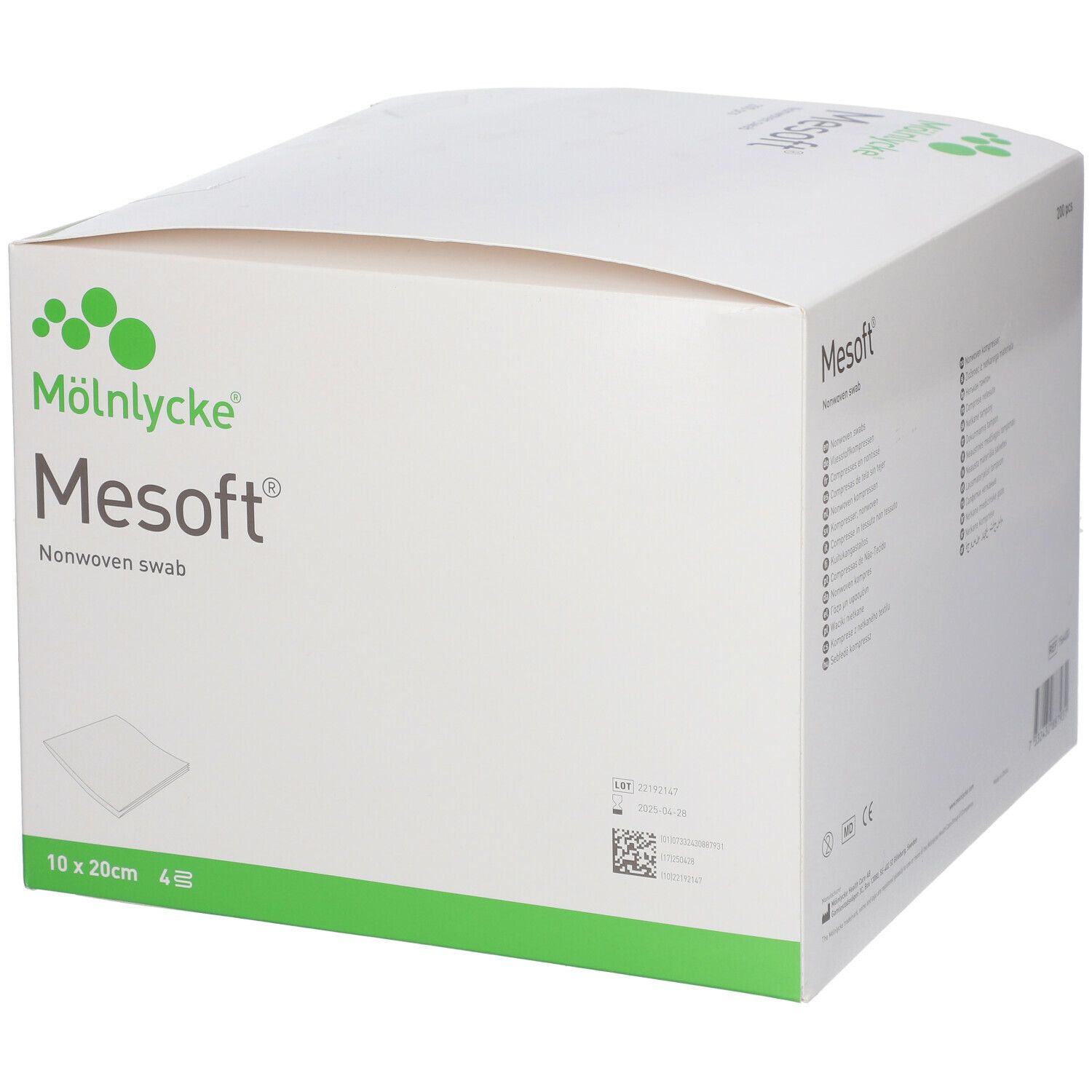 Weiße Verpackung mit grünem Akzent. Aufschrift: Mesoft Nonwoven swab. Größe: 10 x 20cm. Marke: Mölnlycke.