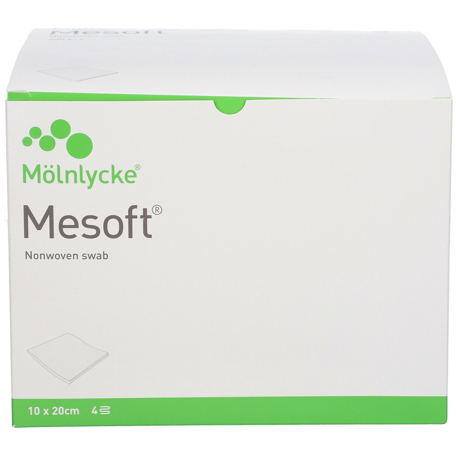 Weiße Verpackung mit grünem Akzent. Aufschrift: Mesoft Nonwoven swab. Größe: 10 x 20cm. Marke: Mölnlycke.