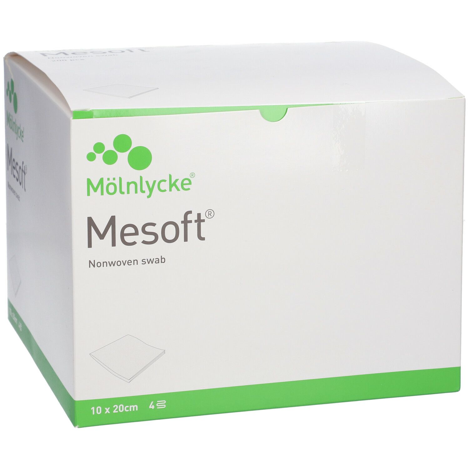 Weiße Verpackung mit grünem Akzent. Aufschrift: Mesoft Nonwoven swab. Größe: 10 x 20cm. Marke: Mölnlycke.