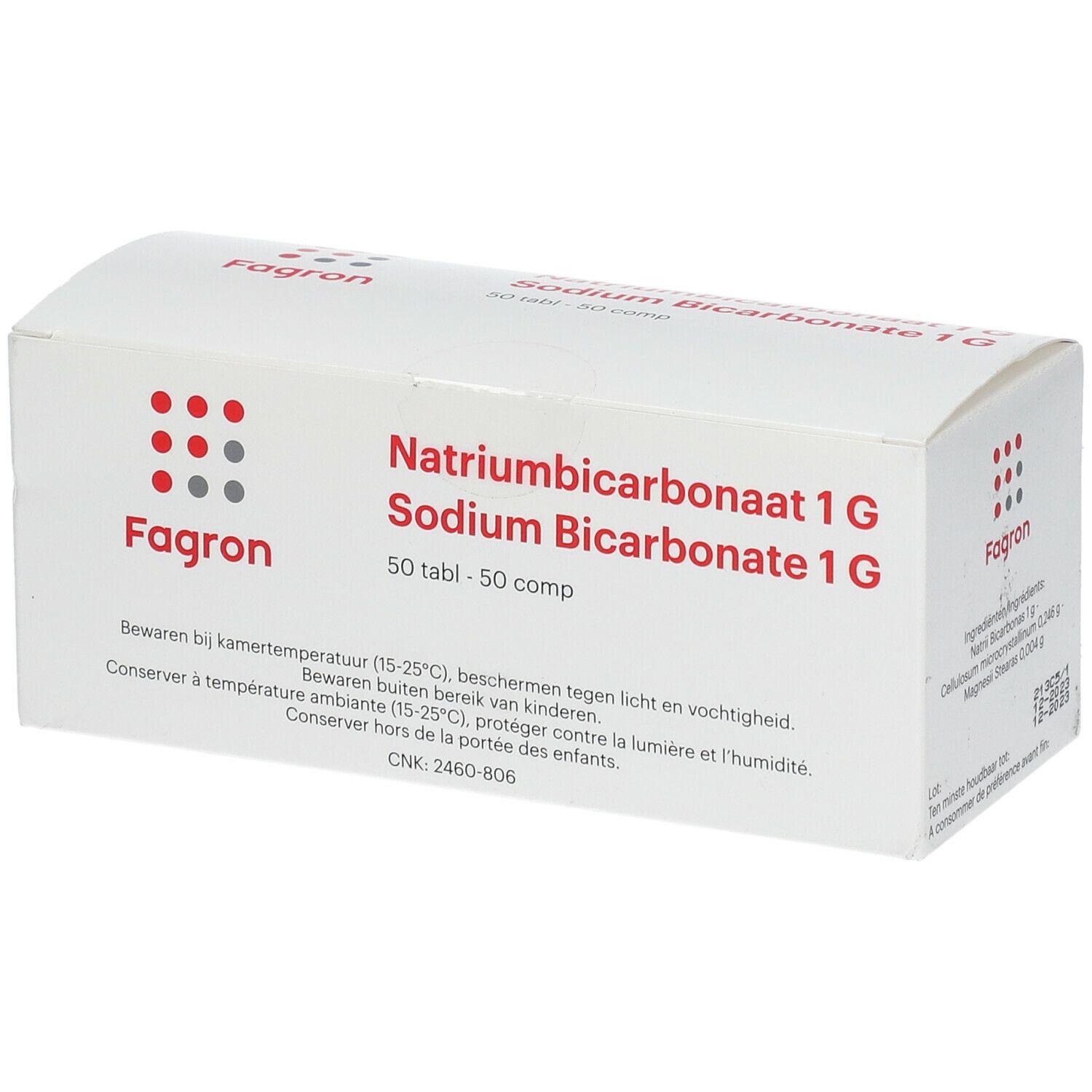 Boîte pliante blanche avec logo rouge et gris. Inscription : Natriumbicarbonaat 1 G, 50 tabl. Texte en néerlandais et français.