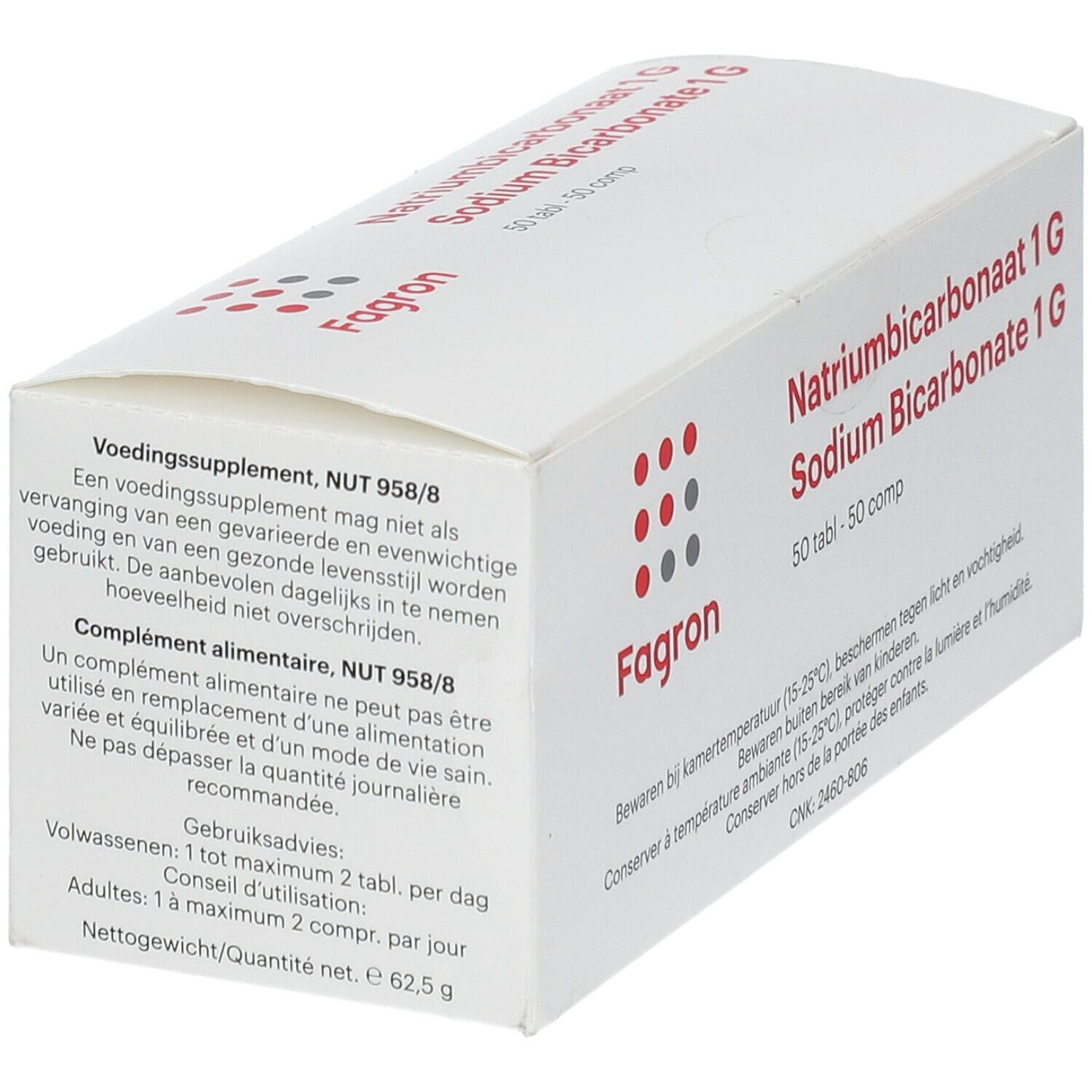 Boîte pliante blanche avec logo rouge et gris. Texte en néerlandais et français. Inscription : Natriumbicarbonaat 1 G, 50 tabl.