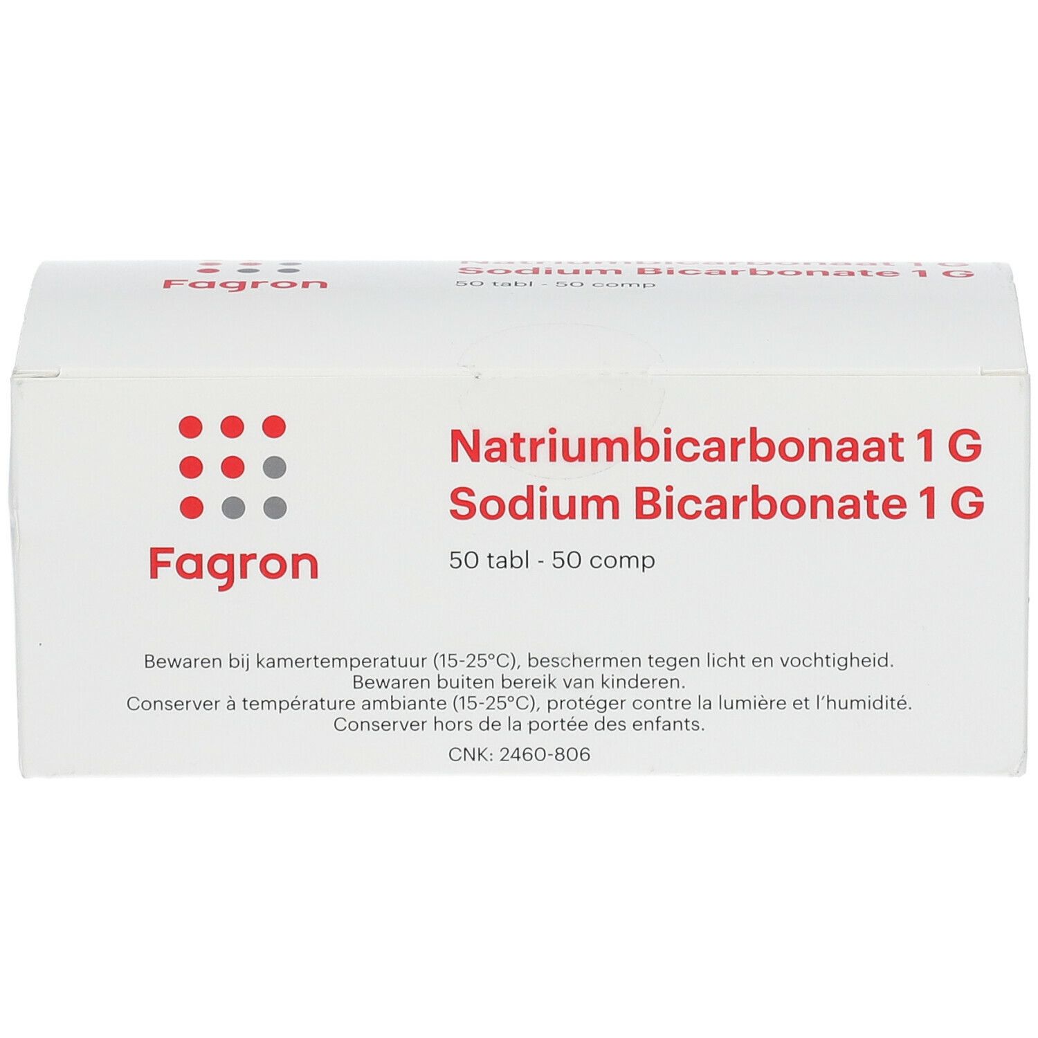 Boîte pliante blanche avec logo rouge et gris. Inscription : Natriumbicarbonaat 1 G, 50 tabl. Texte en néerlandais et français.