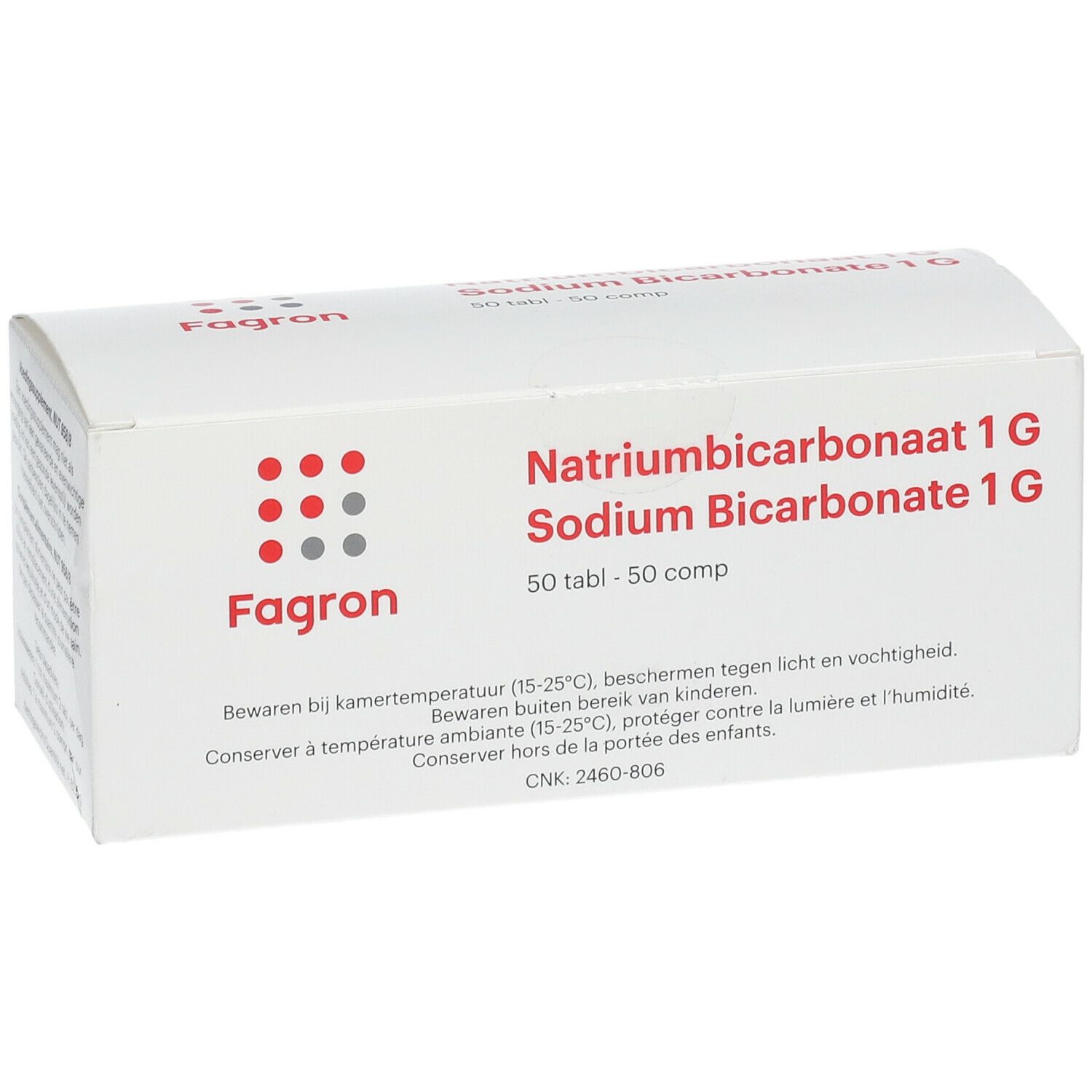 Boîte pliante blanche avec logo rouge et gris. Inscription : Natriumbicarbonaat 1 G, 50 tabl. Texte en néerlandais et français.