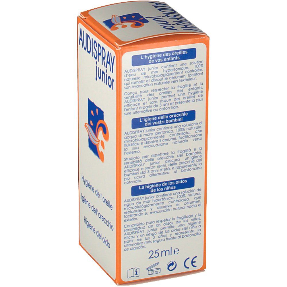 Boîte AUDISPRAY junior. Textes en allemand, français, italien et espagnol. 25 ml.