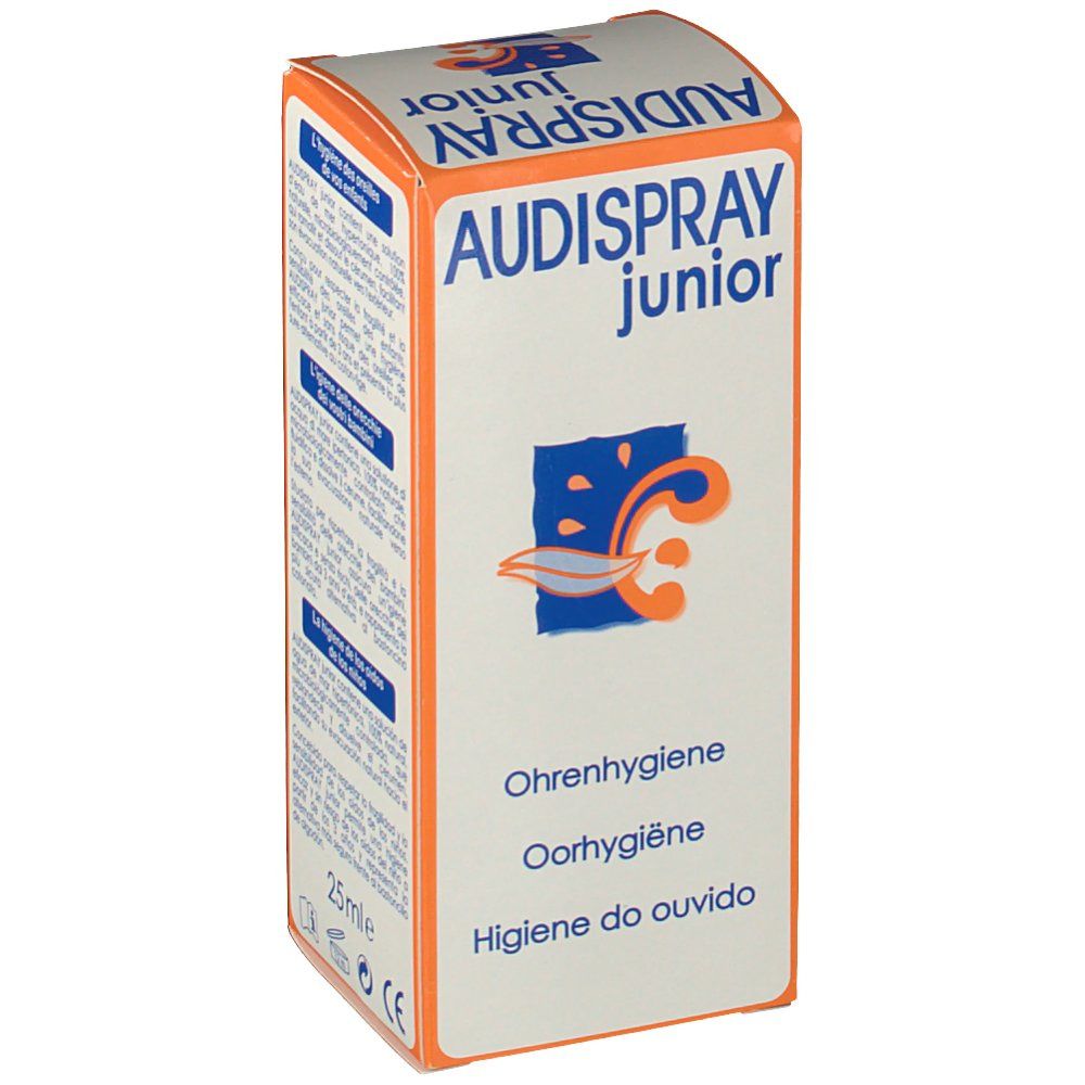 Boîte AUDISPRAY junior. Boîte orange avec nom du produit et textes en plusieurs langues.