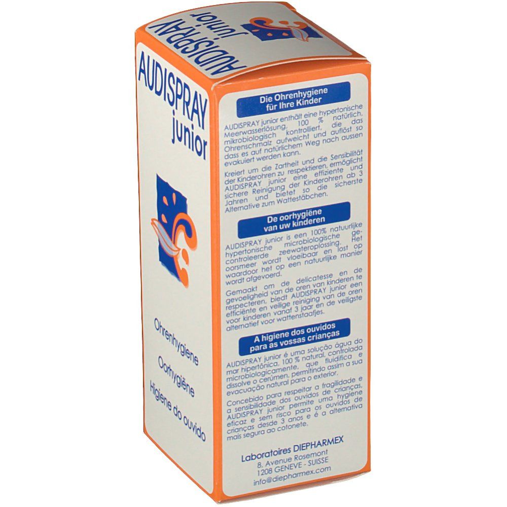 Dos de la boîte AUDISPRAY junior. Texte en allemand, français, italien et espagnol. Logo.