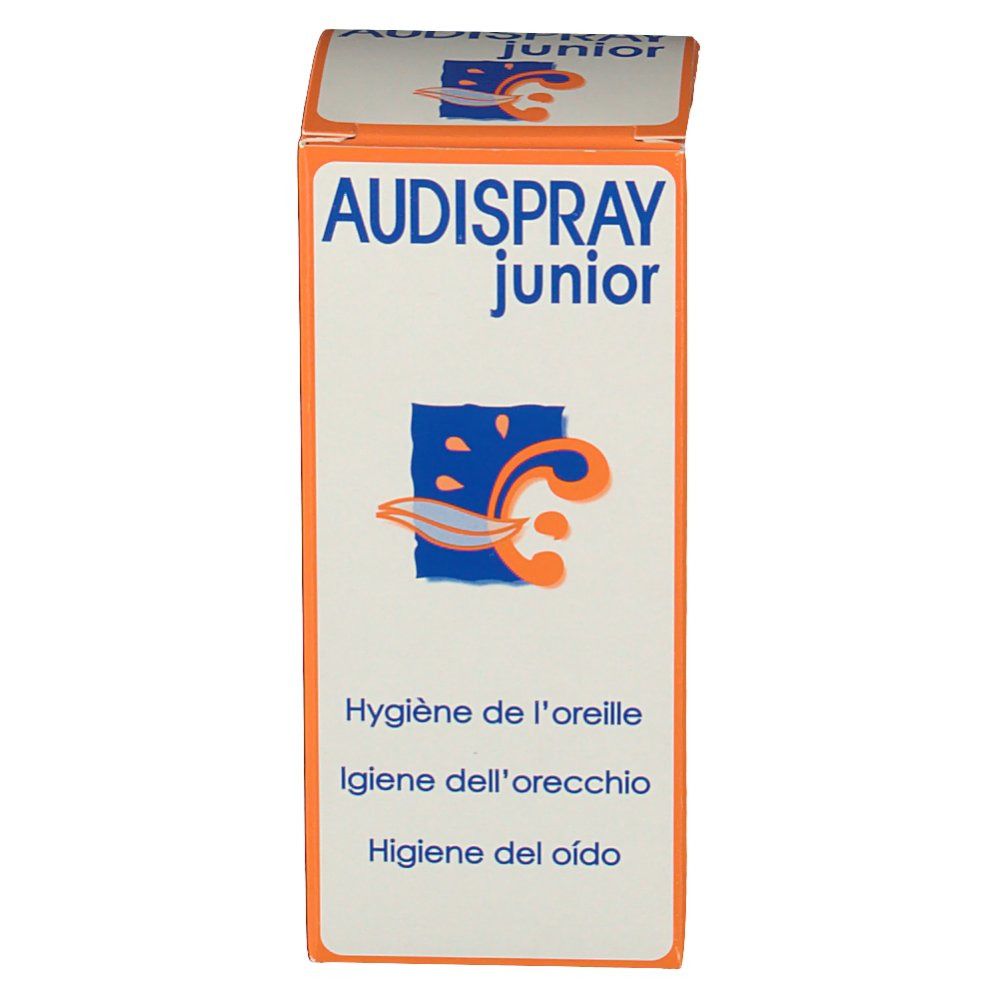 Boîte AUDISPRAY junior. Boîte orange avec nom du produit et textes en plusieurs langues.