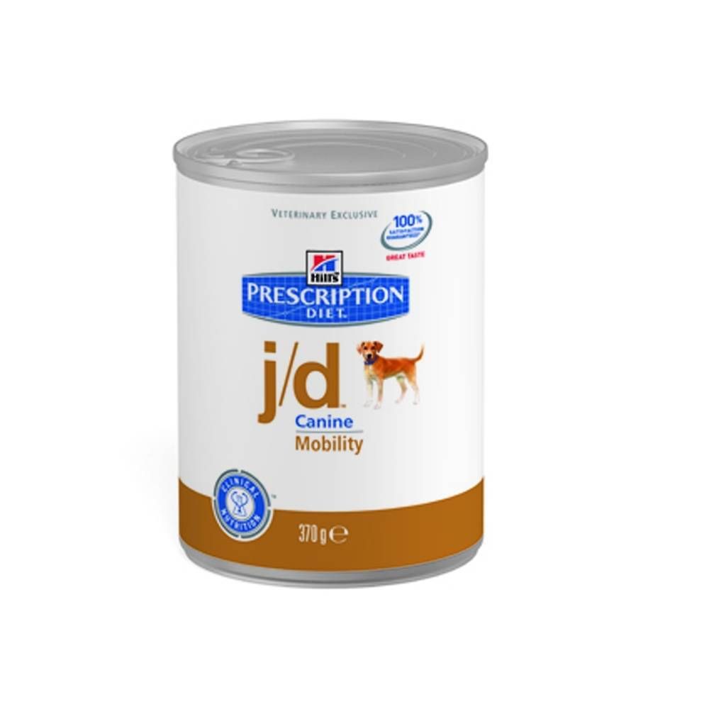 Boîte de Hill's Prescription Diet j/d Canine Mobility. Boîte métallique avec couvercle. Texte et logo.