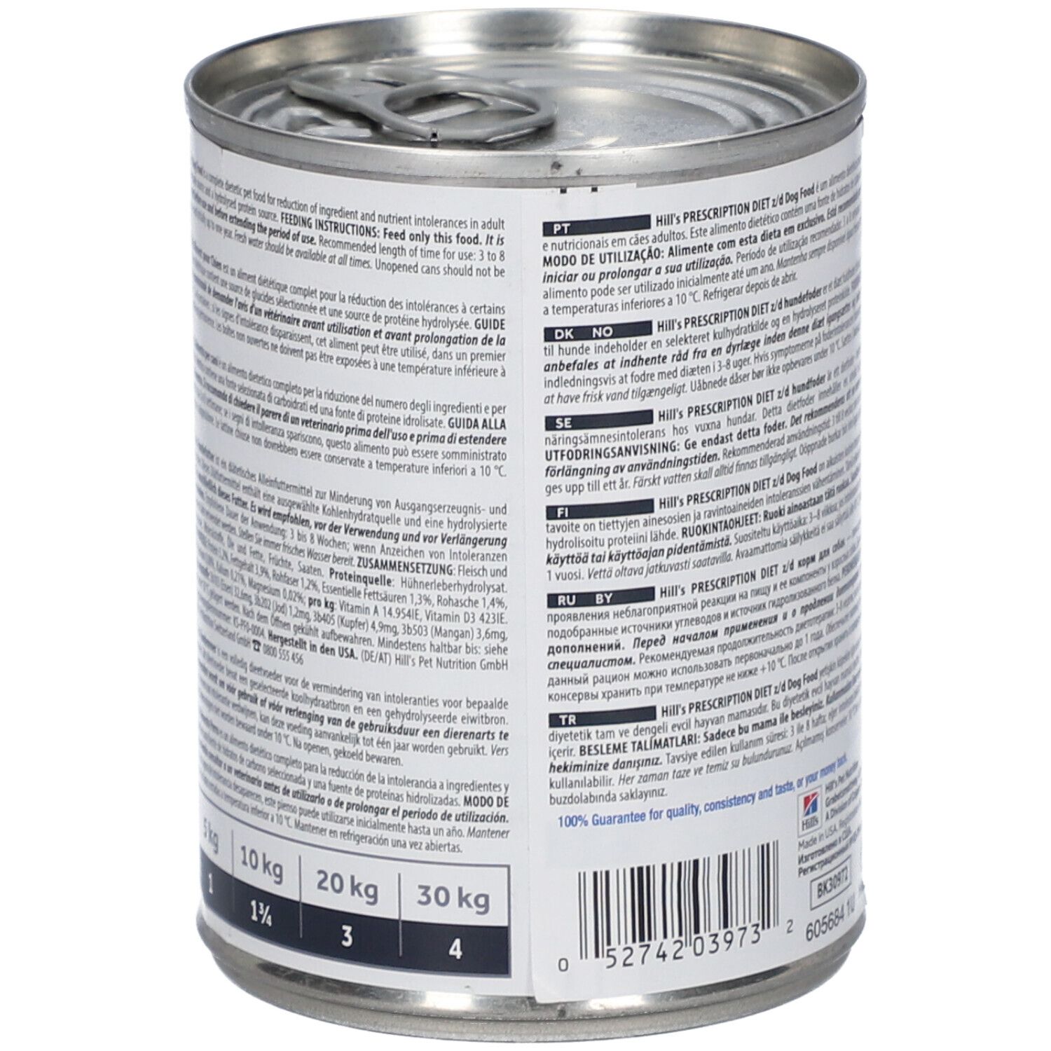 Hundefutterdose, Rückseite mit Text. Mehrsprachige Informationen. Marke: Hill's Prescription Diet. Dosierungsempfehlung.