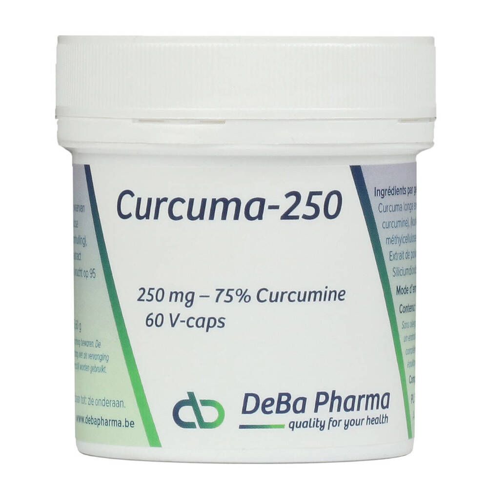Produit cylindrique blanc. Inscription : Curcuma-250, 250 mg - 75% Curcumine, 60 V-caps. Logo DeBa Pharma.