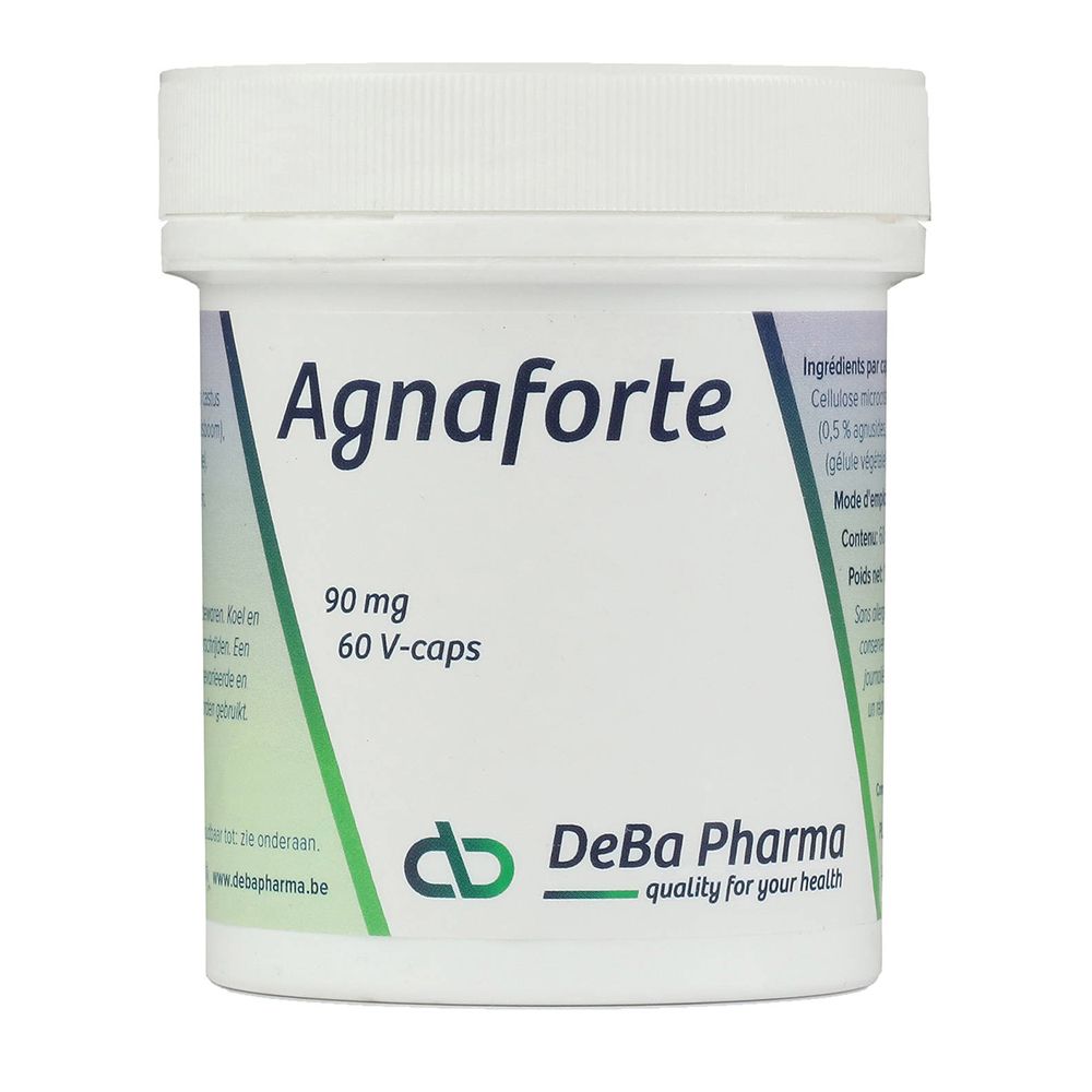 Witte pot met opschrift Agnaforte 90 mg, 60 V-caps. DeBa Pharma logo.