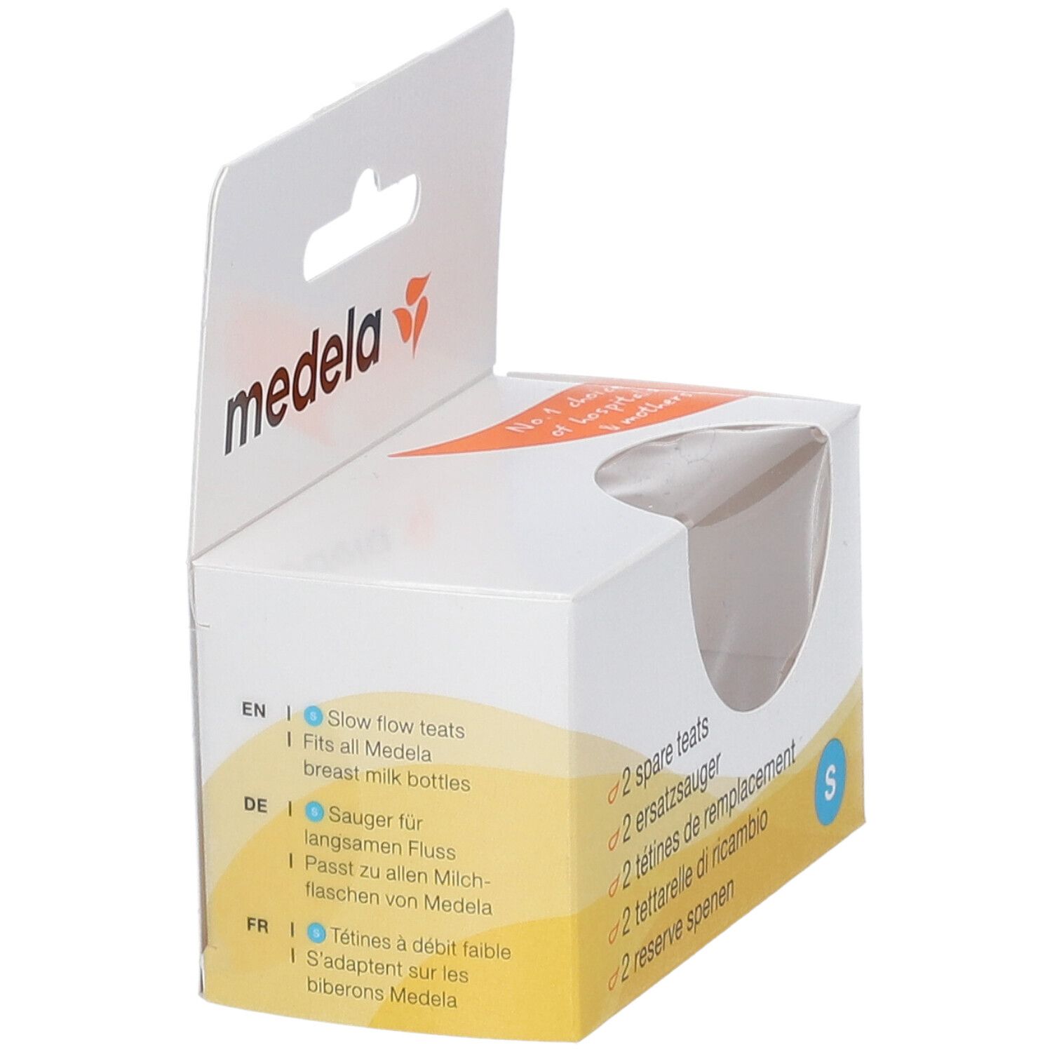 Boîte Medela avec tétines de remplacement. Texte: 2 tétines, taille S. Pour biberons.
