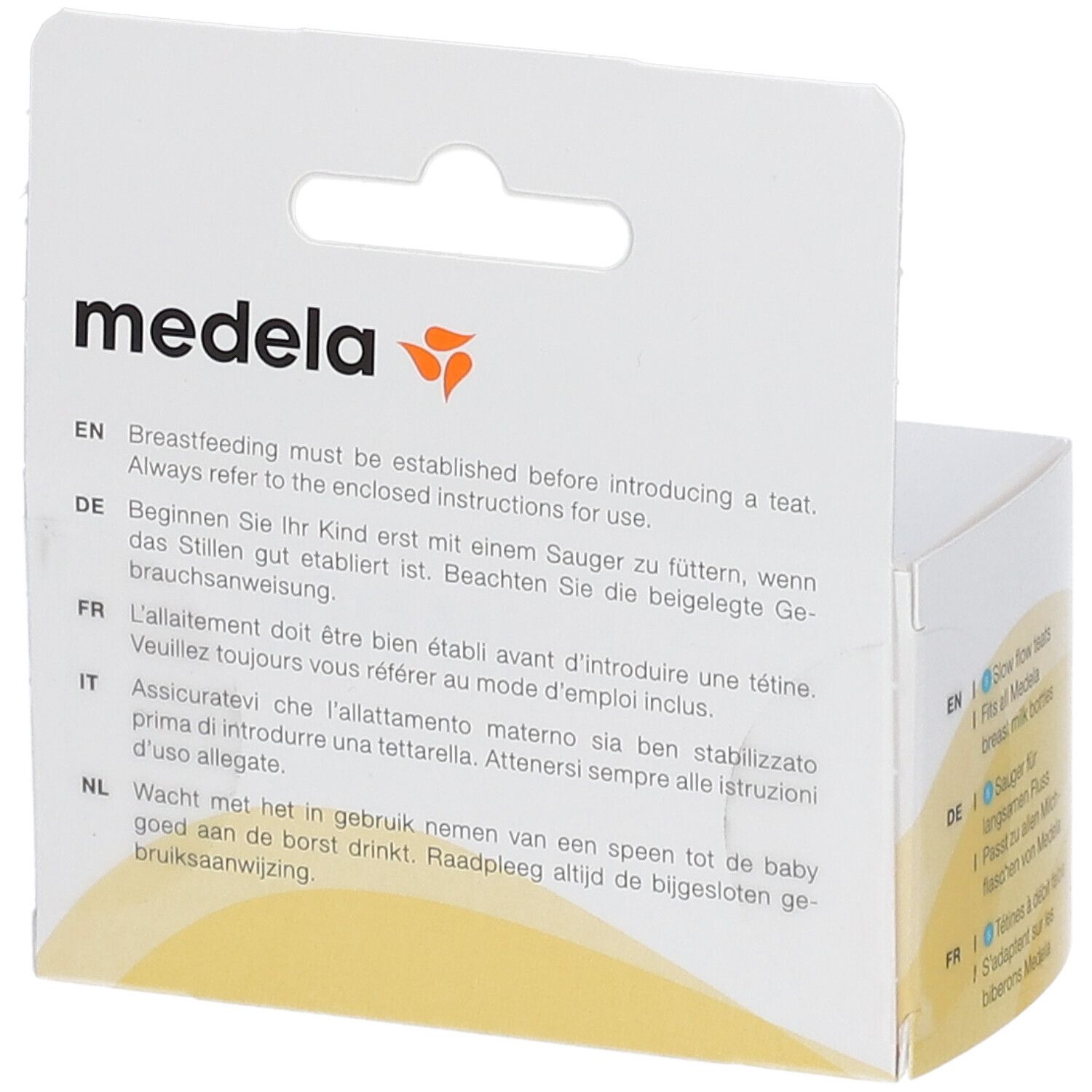 Dos de la boîte Medela. Texte multilingue: consulter le mode d'emploi.