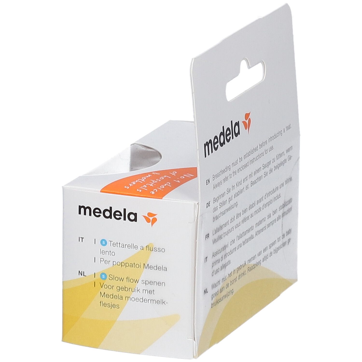 Boîte Medela. Texte: Tétines à débit lent. Pour biberons Medela.
