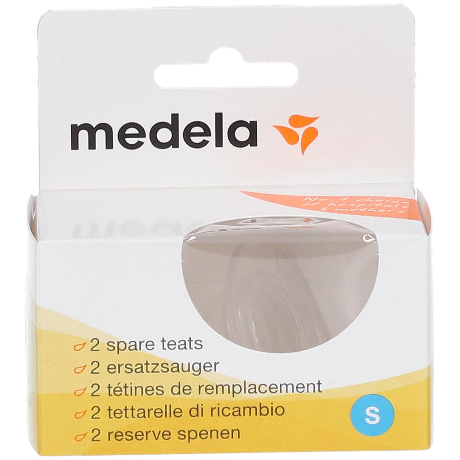 Tétines de remplacement Medela en boîte. 2 pièces. Taille S. Fenêtre transparente.