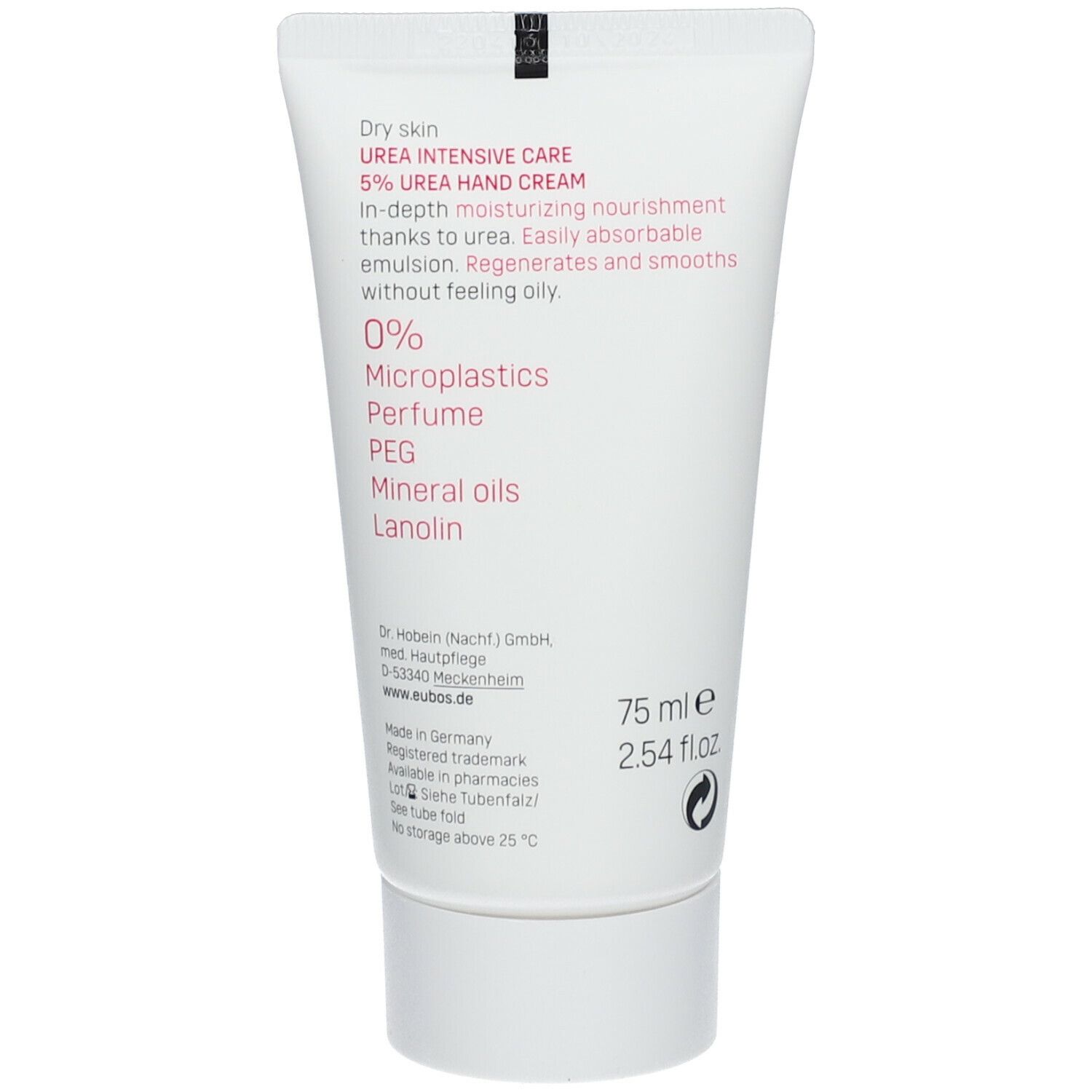 Dos du tube blanc. Texte: "UREA INTENSIVE CARE", 0% microplastiques, 75 ml. Logo tests dermatologiques.
